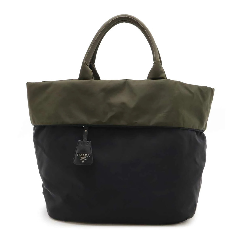 Prada TESSUTO DOUBLE Tote Bag Shoulder Reversible Leather NERO Black Khaki Green